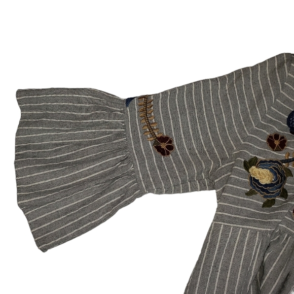 Orange Creek Gray Striped Floral Embroidered Dress Sz Medium Bell Sleeve Cotton - Picture 8 of 14